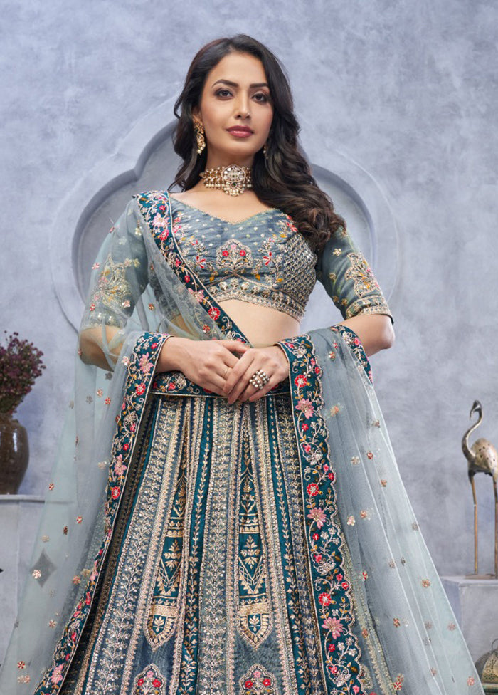 Grey Blended Silk Dupatta Lehenga Set
