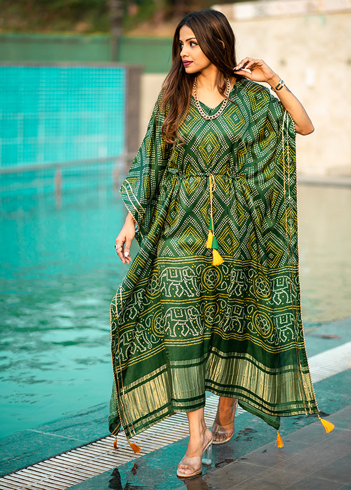 Green Printed Work Silk Kaftan