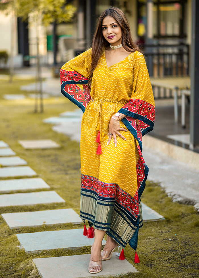 Yellow Printed Work Silk Kaftan