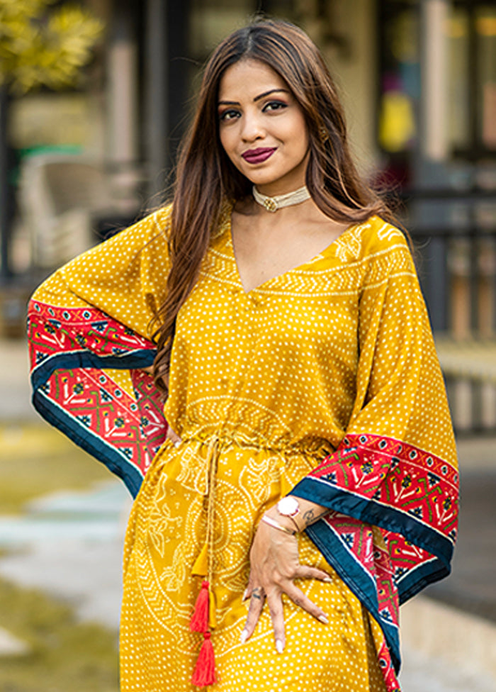 Yellow Printed Work Silk Kaftan