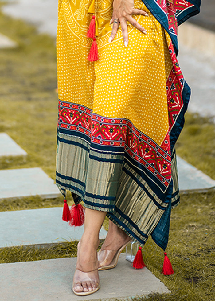 Yellow Printed Work Silk Kaftan