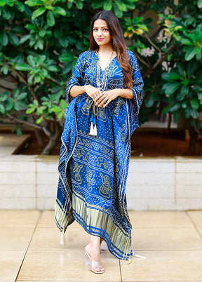 Blue Printed Work Silk Kaftan