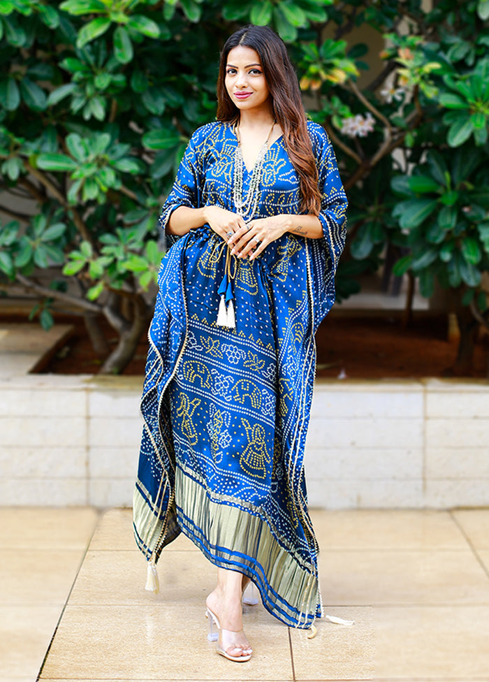 Blue Printed Work Silk Kaftan
