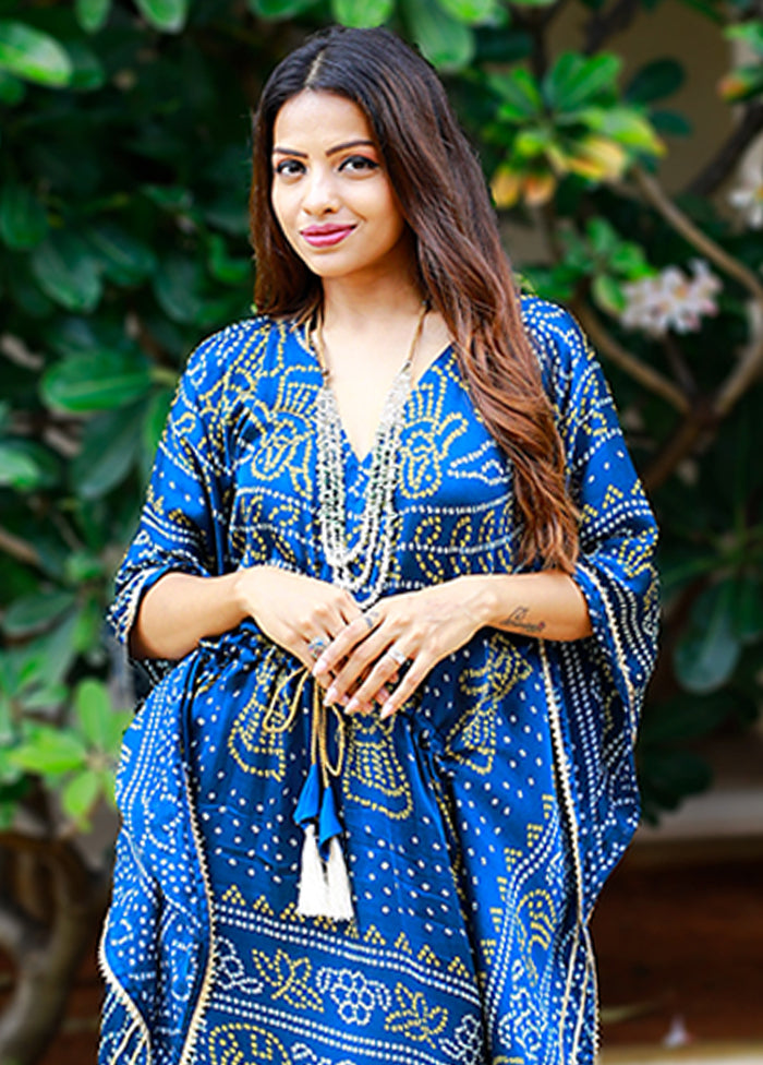 Blue Printed Work Silk Kaftan