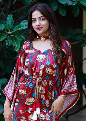 Maroon Printed Work Silk Kaftan