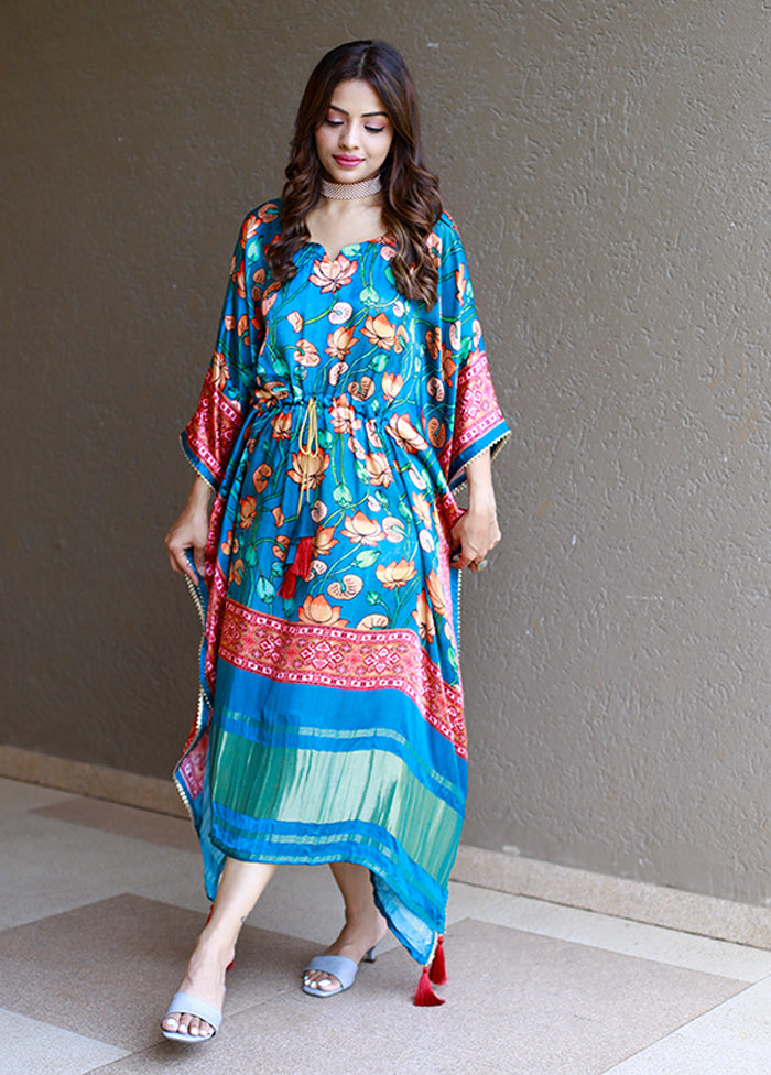 Blue Printed Work Silk Kaftan
