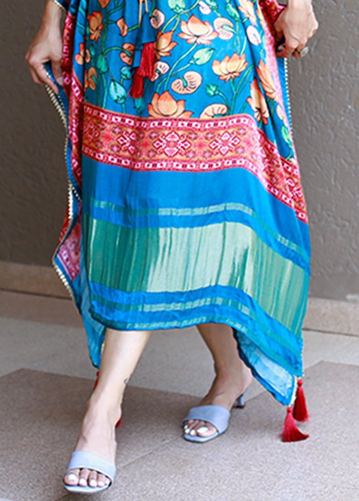Blue Printed Work Silk Kaftan