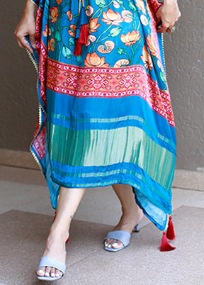 Blue Printed Work Silk Kaftan