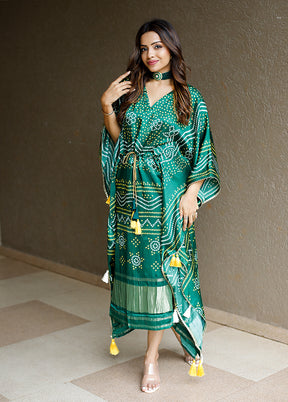 Green Printed Work Silk Kaftan