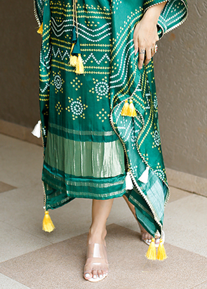 Green Printed Work Silk Kaftan