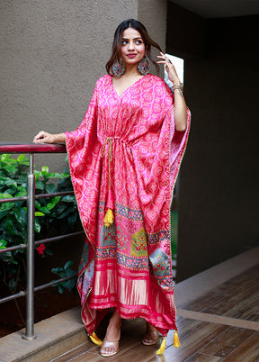 Pink Printed Work Silk Kaftan