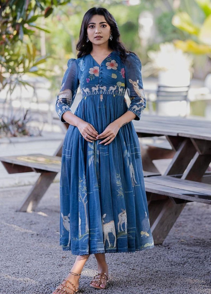 Blue Printed Work Silk Gown