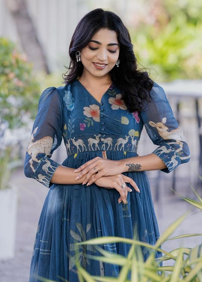 Blue Printed Work Silk Gown