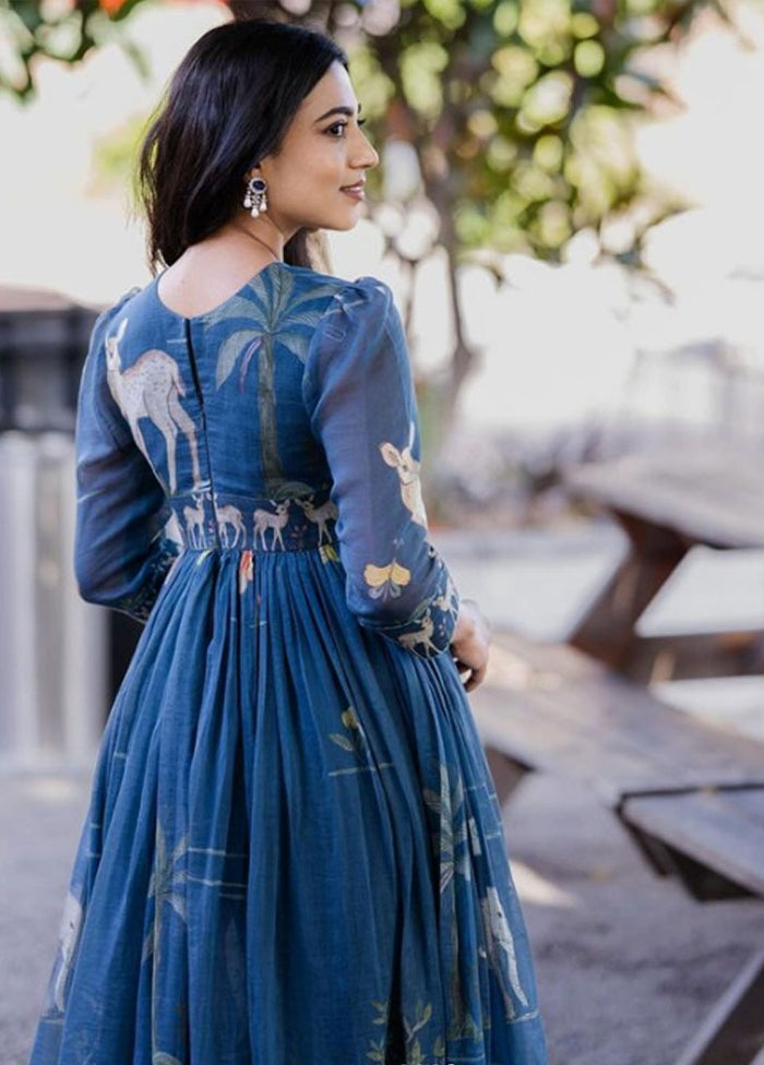 Blue Printed Work Silk Gown