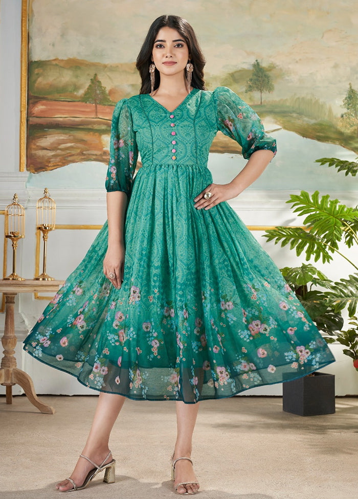 Green Printed Work Silk Gown