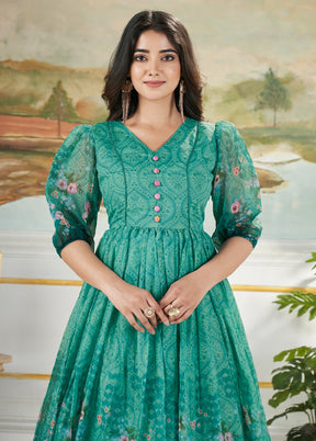 Green Printed Work Silk Gown