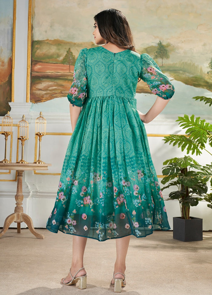 Green Printed Work Silk Gown