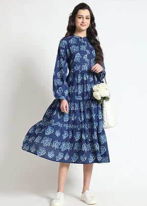 Blue Printed Work Cotton Gown