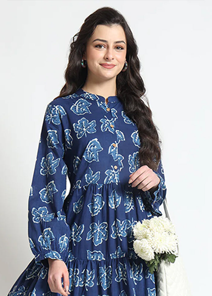 Blue Printed Work Cotton Gown