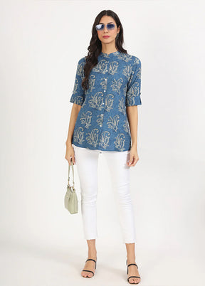 Blue Woven Work Viscose Kurti
