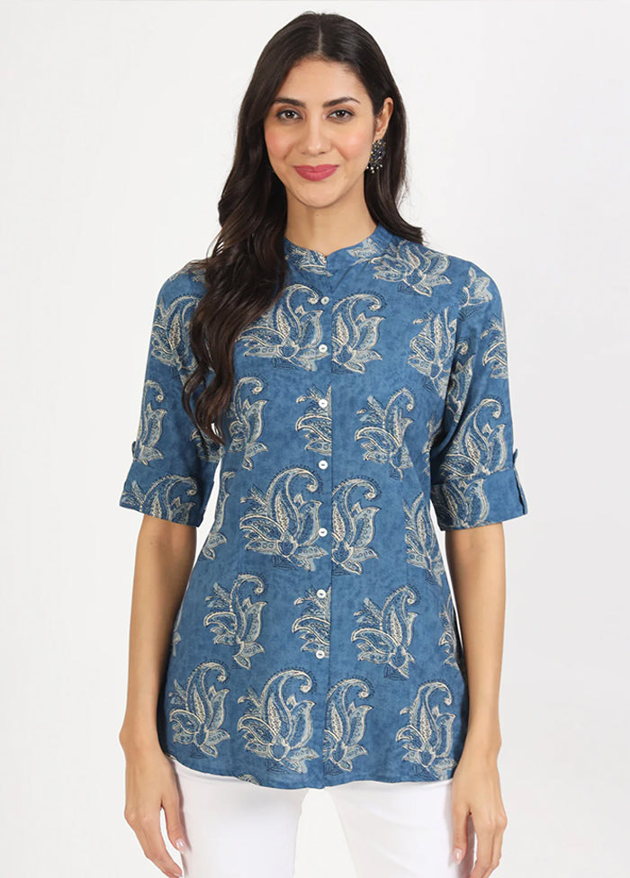 Blue Woven Work Viscose Kurti