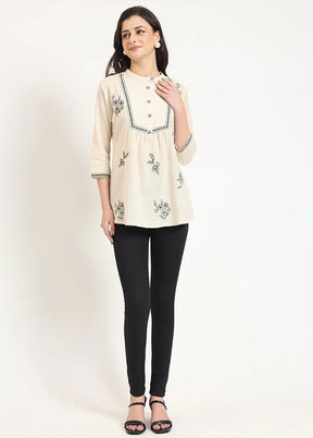 Cream Woven Work Cotton Kurti