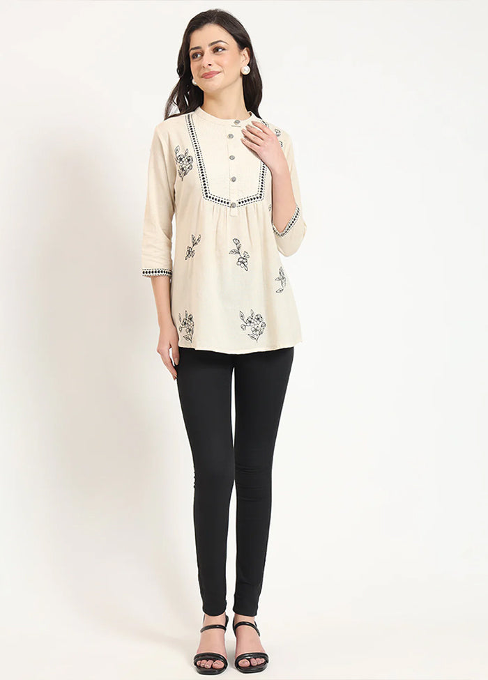 Cream Woven Work Cotton Kurti