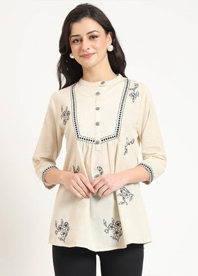 Cream Woven Work Cotton Kurti