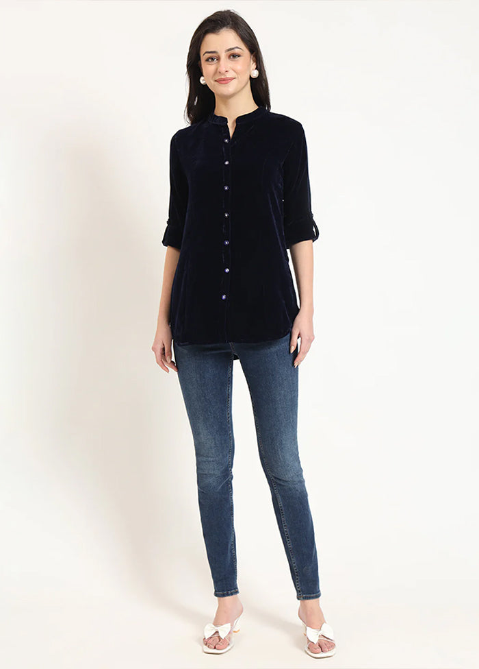 Blue Woven Work Velvet Kurti