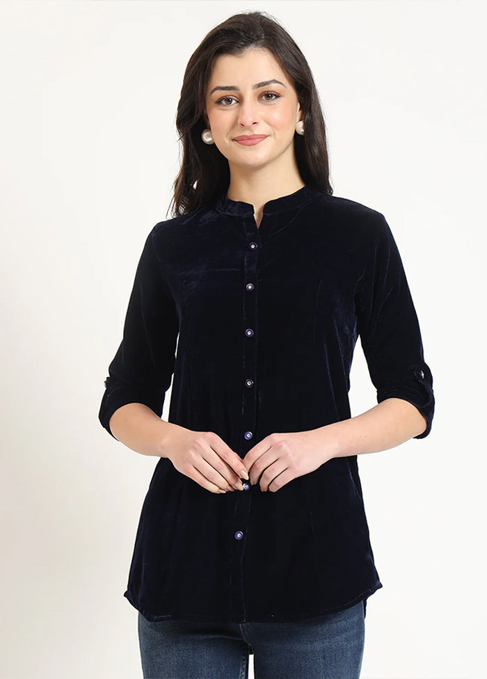 Blue Woven Work Velvet Kurti