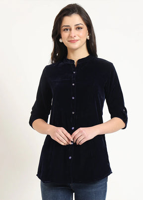 Blue Woven Work Velvet Kurti