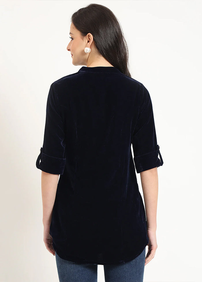 Blue Woven Work Velvet Kurti