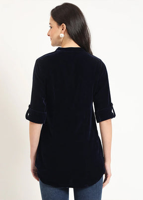 Blue Woven Work Velvet Kurti