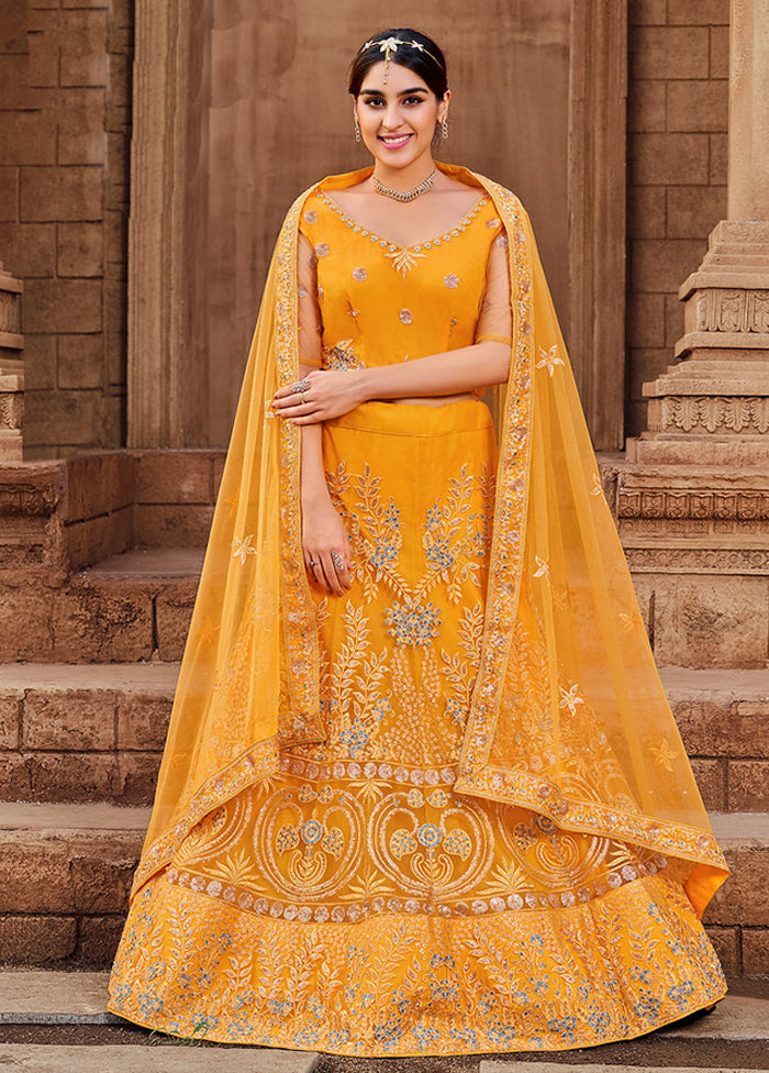 Yellow Net Dupatta Lehenga Set