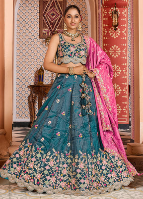 Blue Blended Silk Dupatta Lehenga Set