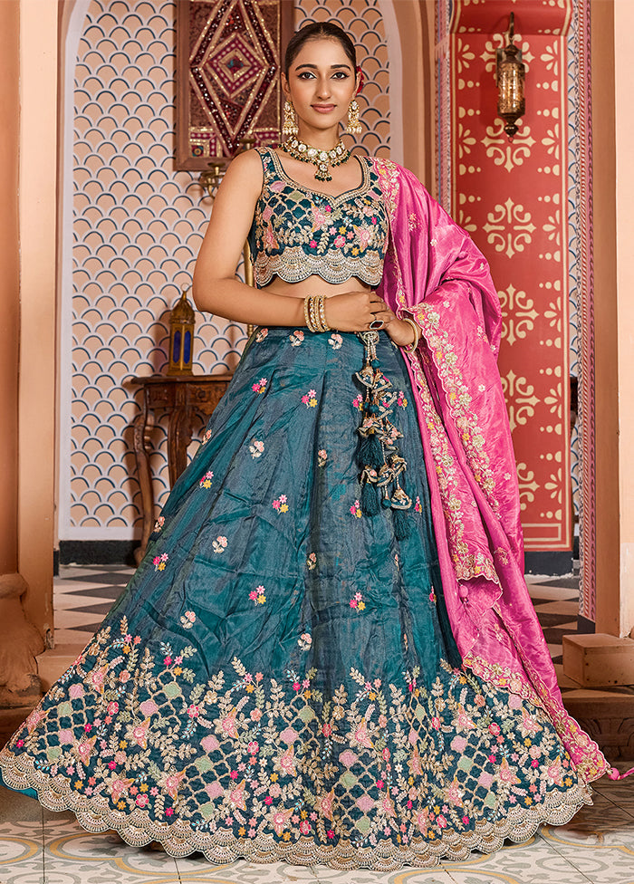 Blue Blended Silk Dupatta Lehenga Set