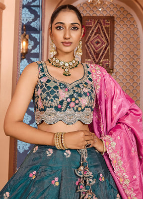 Blue Blended Silk Dupatta Lehenga Set