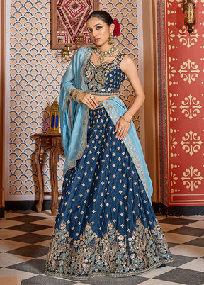 Blue Blended Silk Dupatta Lehenga Set