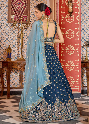 Blue Blended Silk Dupatta Lehenga Set
