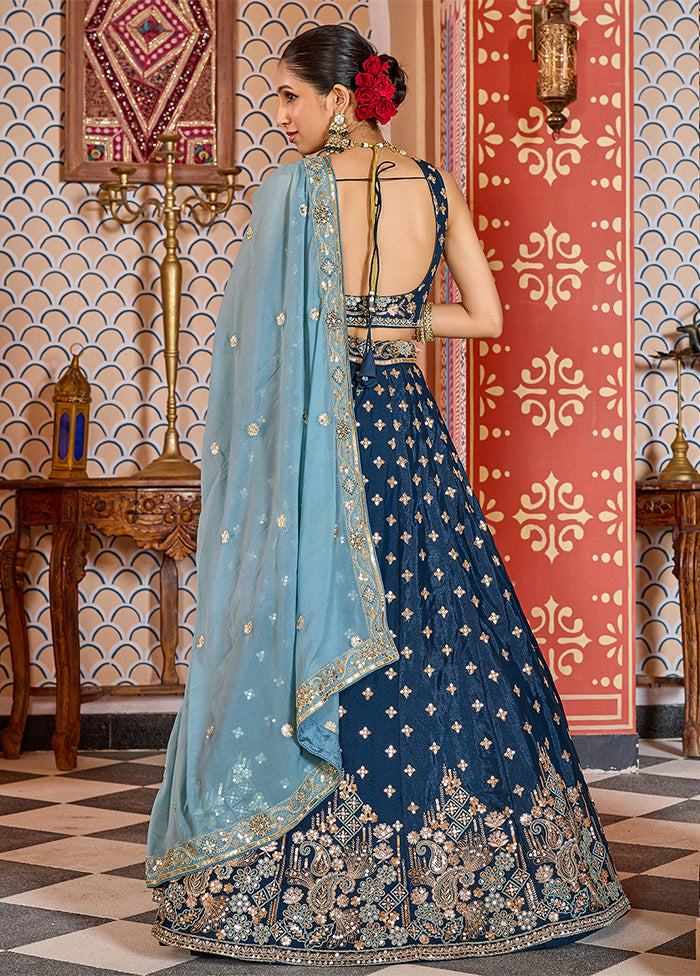 Blue Blended Silk Dupatta Lehenga Set