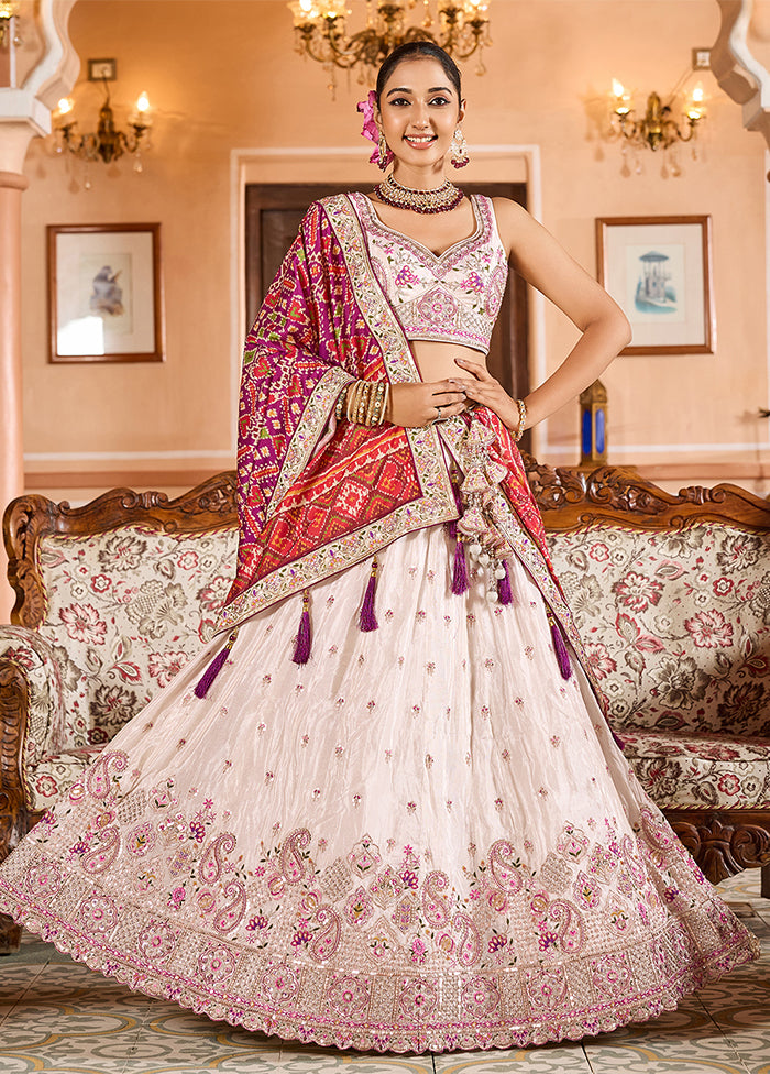 Cream Blended Silk Dupatta Lehenga Set