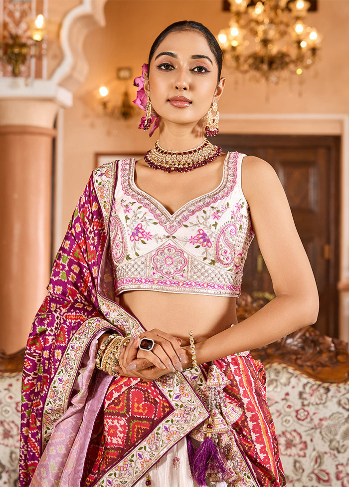Cream Blended Silk Dupatta Lehenga Set