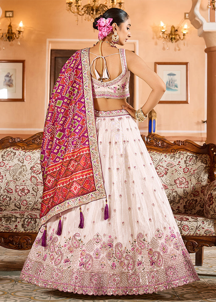 Cream Blended Silk Dupatta Lehenga Set