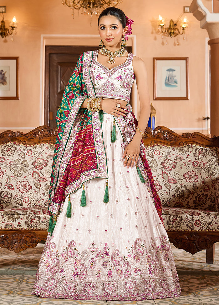 White Blended Silk Dupatta Lehenga Set