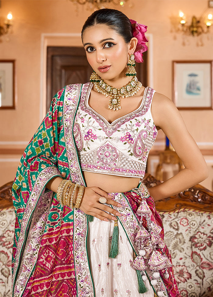 White Blended Silk Dupatta Lehenga Set