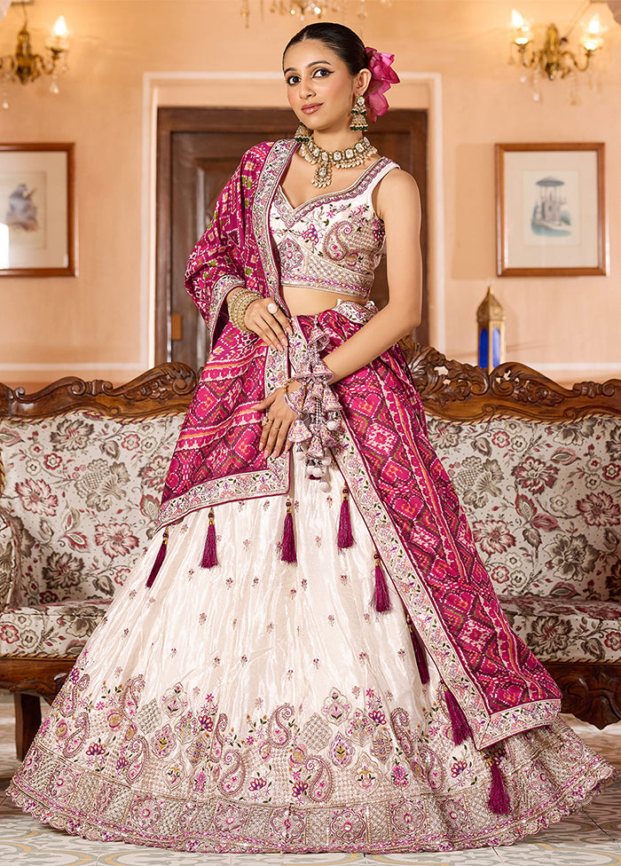 Cream Blended Silk Dupatta Lehenga Set