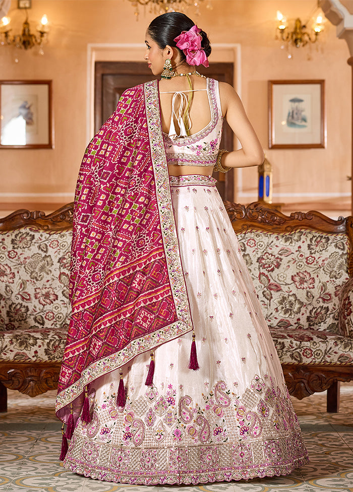 Cream Blended Silk Dupatta Lehenga Set