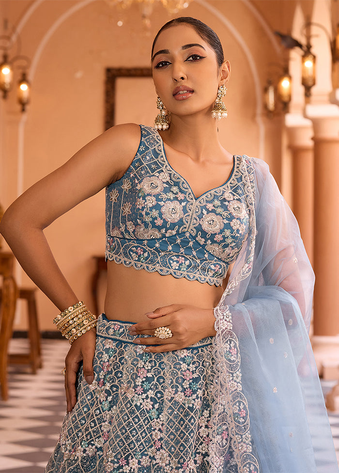 Blue Net Dupatta Lehenga Set
