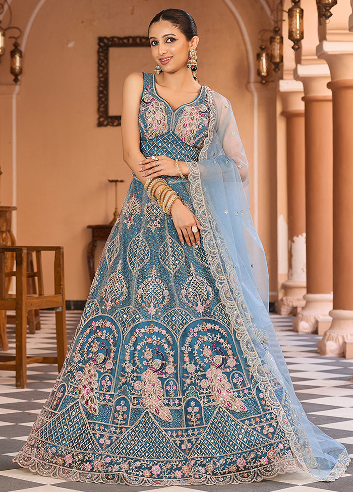 Blue Net Dupatta Lehenga Set