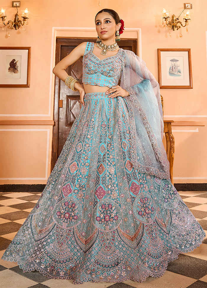 Blue Net Dupatta Lehenga Set